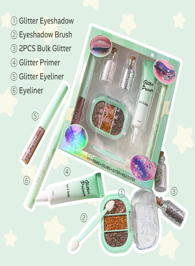 FREEORR Glitter Makeup Set for Hair, Face and Body, 6 in 1 Metallic Shimmer Kit Include Glitter Primer and Eyeshadow Palette, 2 Pack Shimmer Powder, Eyeliner, Long Wearing Sparkle Festival Makeup - Image 2